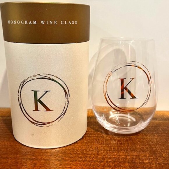 Paper Source Monogram 20 oz. Stemless Wine Glass, Letter "K" with Box - Picture 1 of 3
